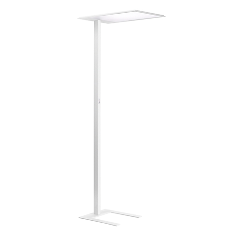 Een slanke, witte vloerlamp met een rechthoekige lichtbak. De basis is U-vormig.