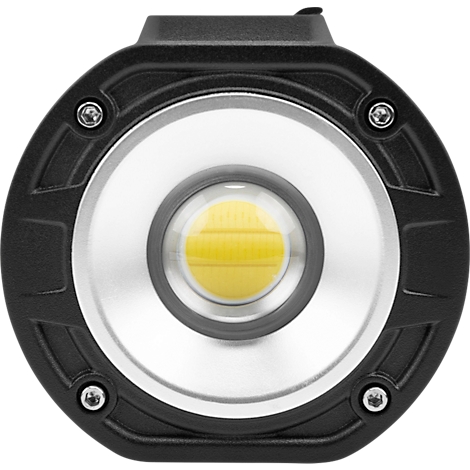 Round, black LED light with yellow center and silver reflector. Fastened with screws.