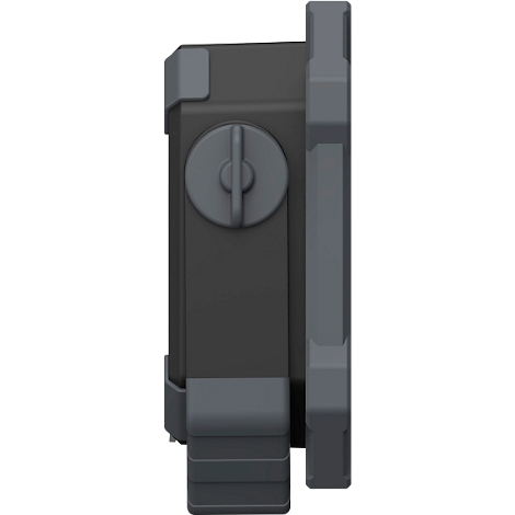 Dark grey box with rotary fastener and bracket.