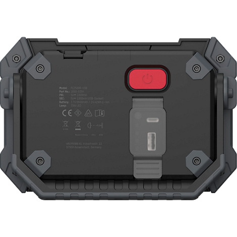 Dark grey work light with red on/off button, USB port and technical specifications. Black writing on the back.