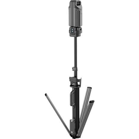 A gray electronic measuring device on a tripod. It consists of a cylindrical top, a long stem and a tripod base.