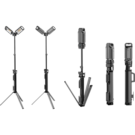 Various views of a portable LED flood light on a tripod, from unfolded to folded.