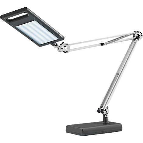 Modern desk lamp, adjustable with its articulated arms. The lamp head is rectangular and emits bright light.