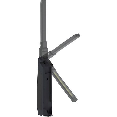Dark gray folding LED work light, partially unfolded and rotated, on a white background.
