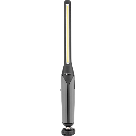 An LED light bulb, oblong, silver-black, with yellow light in the center.