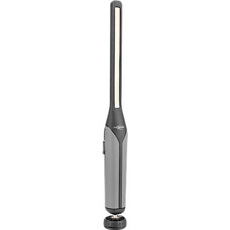 Gray, elongated device with light strip; black base.