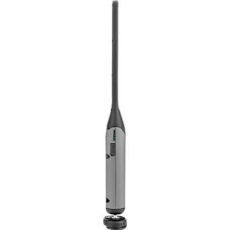 A grey measuring device with a black handle and round base. It has a small display.