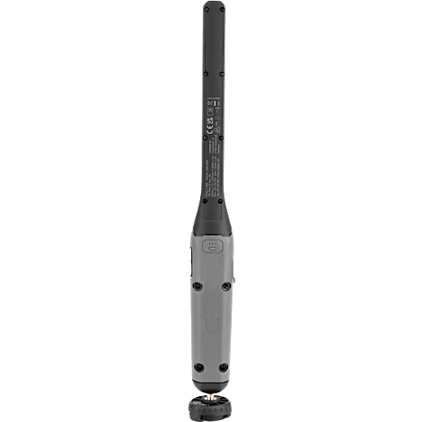 View of a tool from below, with gray and black components.