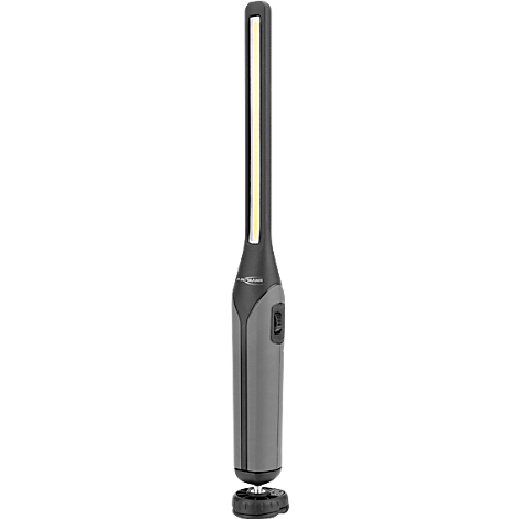 A grey LED flashlight with a rectangular light field. A switch and a round base are visible.