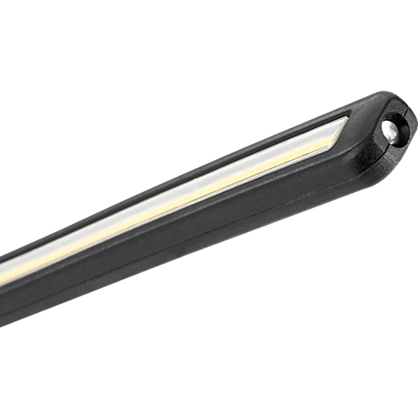 Detailed close-up of a black LED light with a white illuminated surface.