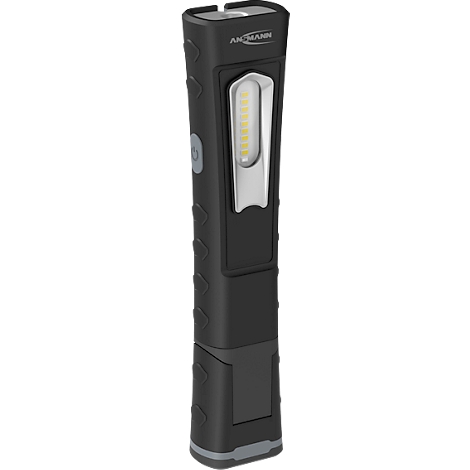 Black rectangular LED work light with silver illuminated area. A button and the word 'ANSMANN' on the handle.