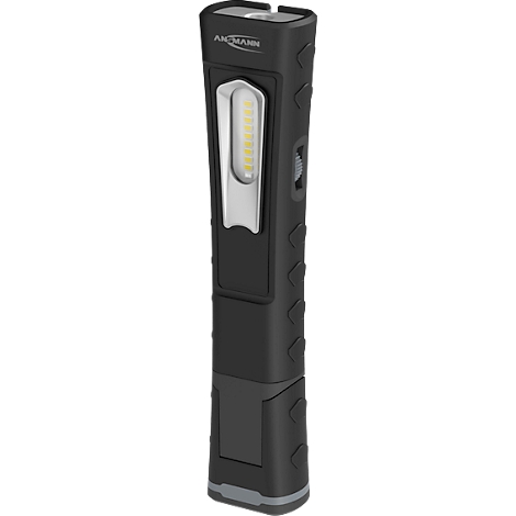 Black LED work light with illuminated surface and switch.