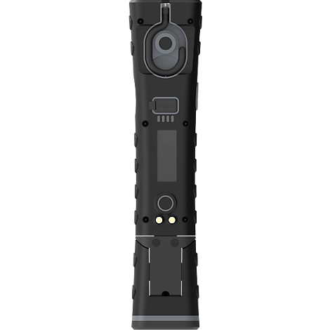A black work light with a mount, a display, buttons and indicator lights.