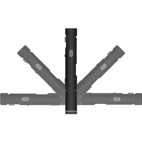 Black stick flashlight, several arranged in a semicircle, detail view.