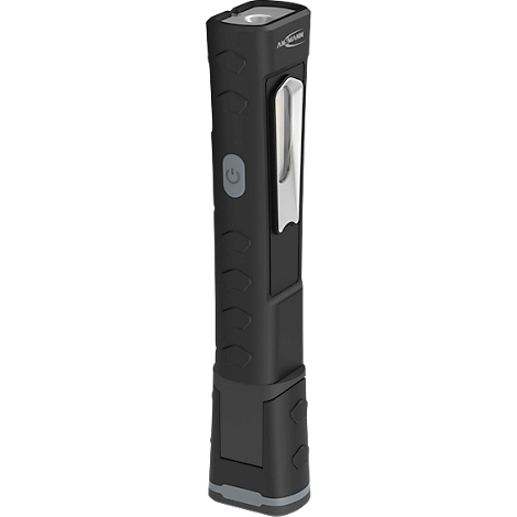 Black, elongated flashlight with a silver clip and on/off button. Gray accents at the bottom and top.