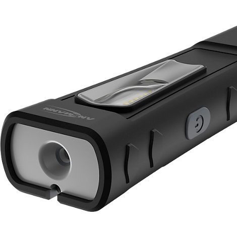 Black flashlight with grey accents. Features ANMANN lettering and an on/off button.