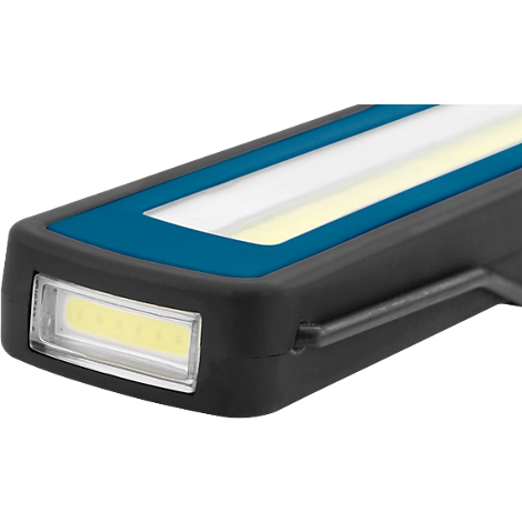 Close-up of an LED work light with a blue border and white light. The lamp is made of black plastic.