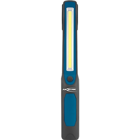 Blue and black LED work light. Top with light, brand name in the lower area.