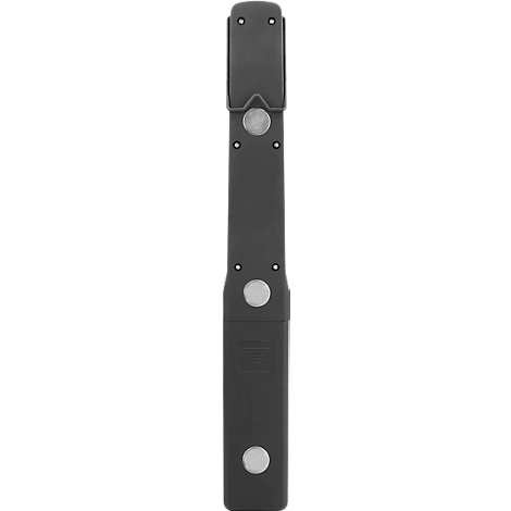 Black-gray object with rounded corners, three round openings, and three smaller holes.