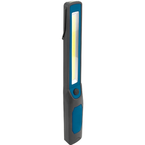 Handy LED work light with gray housing, blue accent, and brightly shining light.