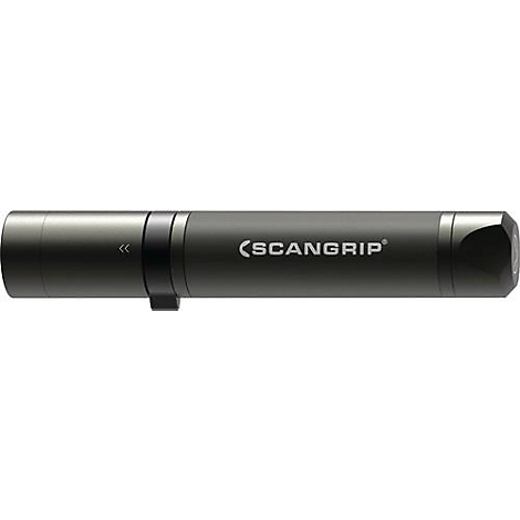 Donkergrijze cilindrische LED-werklamp met 'SCANGRIP'-logo. Zwarte ring en details.