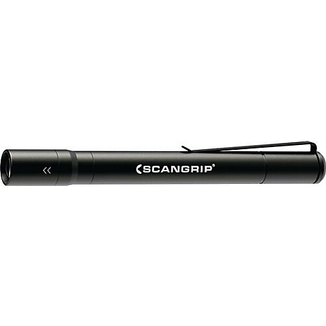 Een zwarte penlight met clip en de tekst (SCANGRIP).