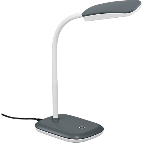 Grijze en witte LED bureaulamp, gebogen arm, rechthoekige kop en voet. Aan/uit-knop.