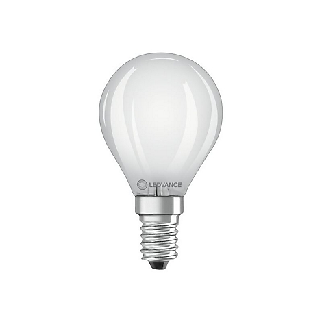 Weiße, matte LED-Lampe in Kugelform mit E14-Sockel und LEDVANCE-Logo.