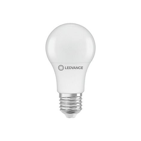 Weiße LED-Lampe in Tropfenform mit silbernem E27-Gewindesockel und aufgedrucktem Ledvance-Logo.