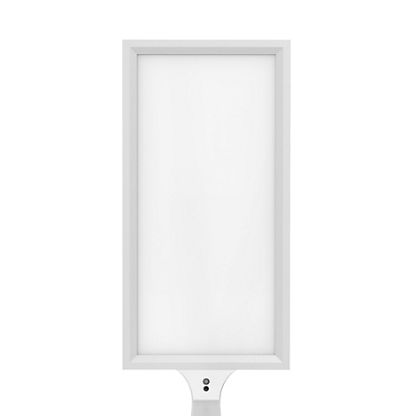 Een wit rechthoekig lichtpaneel met een wit frame, op een witte achtergrond.