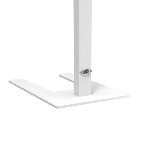 Base de bureau debout blanche avec base en forme de U et tige de colonne rectangulaire avec connexion.
