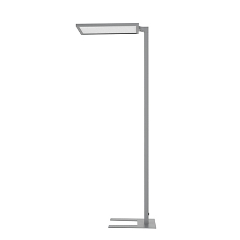 Lampadaire gris avec luminaire rectangulaire. Il repose sur une base carrée.