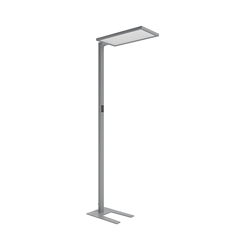 Lampadaire gris avec corps de lampe rectangulaire et base.