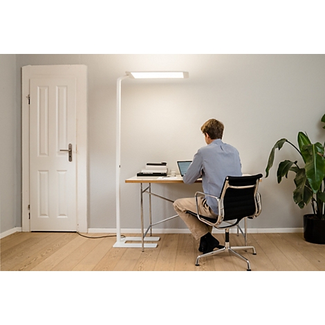Homme au bureau travaillant sur un ordinateur portable, éclairé par un lampadaire blanc.
