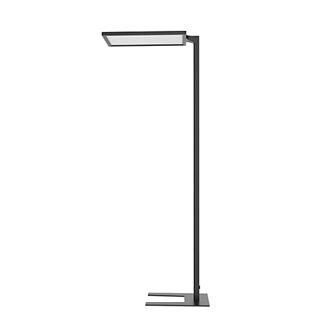 Un lampadaire élégant avec un corps de lumière carré et une armature sombre. La lumière est rectangulaire et illuminée. La lampe est posée sur une base carrée.