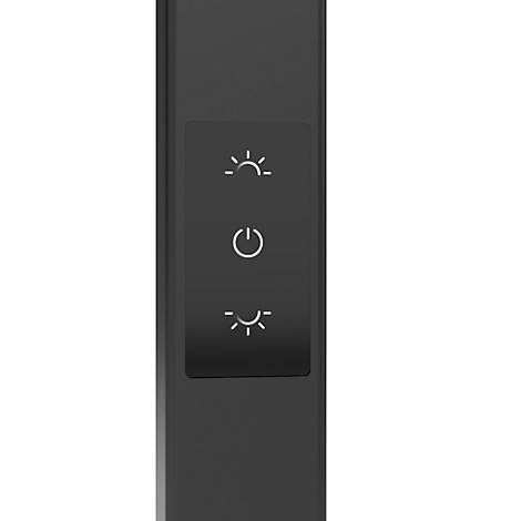 Gros plan d'une télécommande noire avec réglages d'éclairage et un interrupteur marche/arrêt.