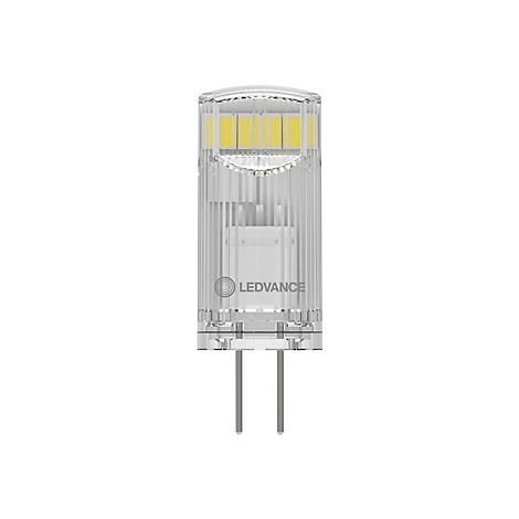 Klares LED-Leuchtmittel mit Stiftsockel und Ledvance-Logo vor weißem Hintergrund.