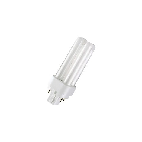 Kompaktleuchtstofflampe mit weißem Sockel und zwei parallelen Glasröhren vor weißem Hintergrund.