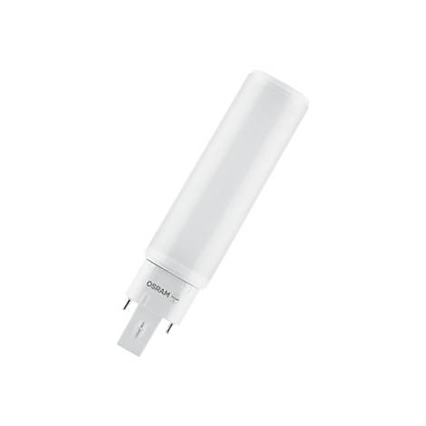 Weiße Osram LED-Kompaktleuchtstofflampe mit mattem Korpus und Sockel vor weißem Hintergrund.