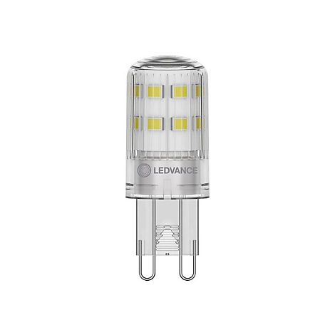 LED-Stiftsockellampe mit klarem Gehäuse und sichtbaren LED-Chips vor neutralem Hintergrund.