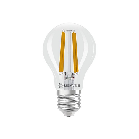 Transparente LED-Lampe in klassischer Glühbirnenform mit sichtbaren gelben Filament-Leuchtfäden und LEDVANCE-Logo.