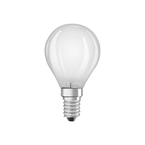 Mattweiße LED-Glühbirne in Tropfenform mit E14-Gewindesockel vor weißem Hintergrund.