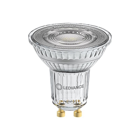 LEDVANCE LED-Reflektorlampe mit klarer Glasstruktur und zwei goldenen Steckkontakten vor weißem Hintergrund.