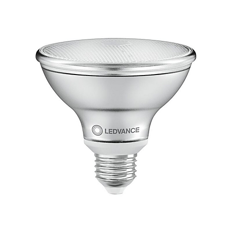 Silberne LEDVANCE PAR38 LED-Lampe mit E27-Sockel vor weißem Hintergrund.