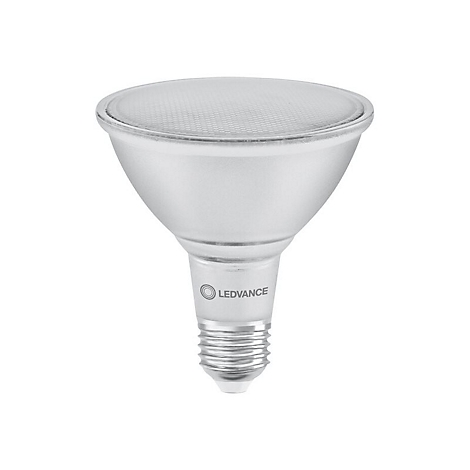 LEDVANCE LED-Reflektorlampe mit silbernem Gehäuse und strukturierter Glasfront vor weißem Hintergrund.