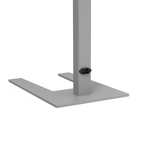 Grauer, eckiger Ständer mit Steckeranschluss. Rechteckiger Fuß, senkrechte Säule mit Stecker.