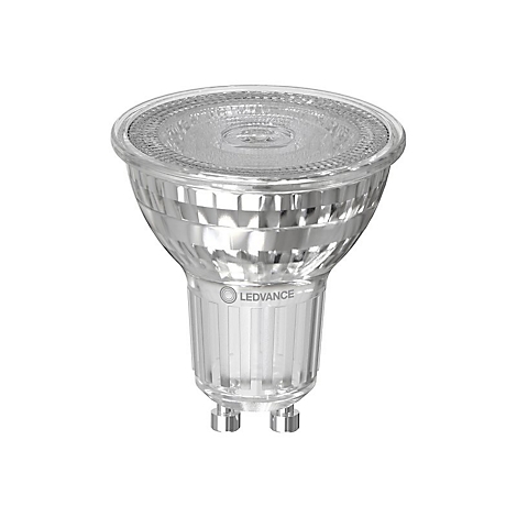 Transparente LED-Reflektorlampe mit LEDVANCE-Logo vor weißem Hintergrund.