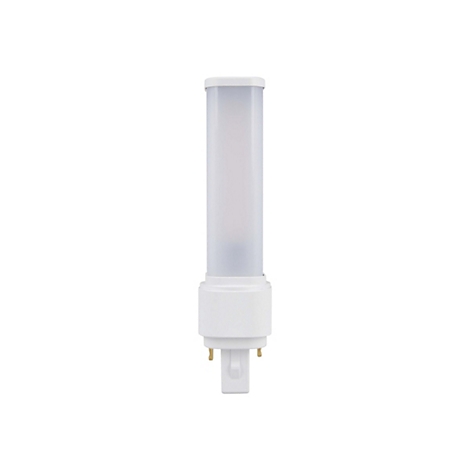 Weiße LED-Stablampe mit mattem Leuchtkörper auf einem weißen Sockel mit Steckkontakten.