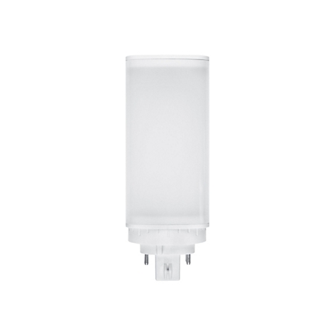 Weiße, zylindrische LED-Lampe mit Stiftsockel vor weißem Hintergrund.