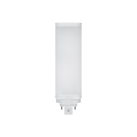 Weiße, zylindrische LED-Lampe mit Sockel vor weißem Hintergrund.